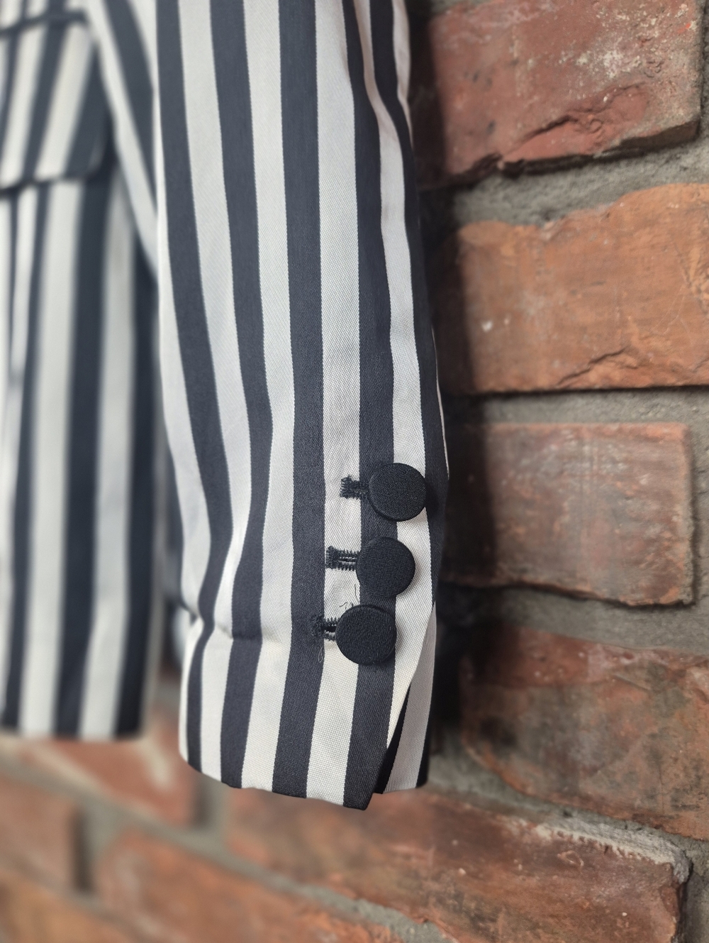 Zara Striped Blazer Black White Vertical Stripe Tailored Chic Office Silky - Picture 5 of 11